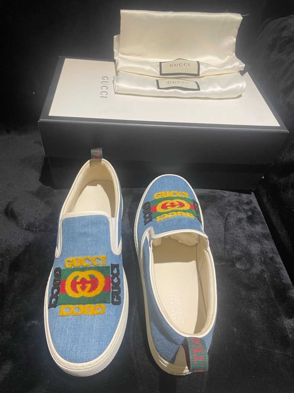 Gucci Blue Denim Slip-On Sneakers with Multicolor Embroidered Logo - Picture 8 of 10